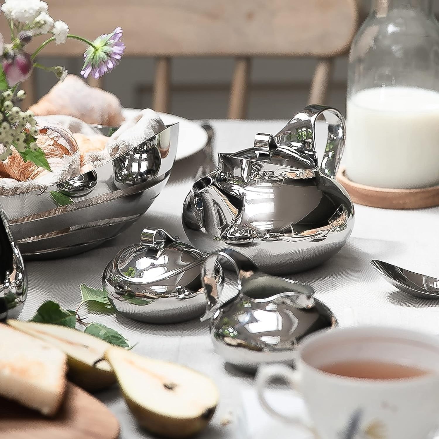 Stainless Steel Afternoon Tea Set Teapot Sugar Pot Jug 4 Serving