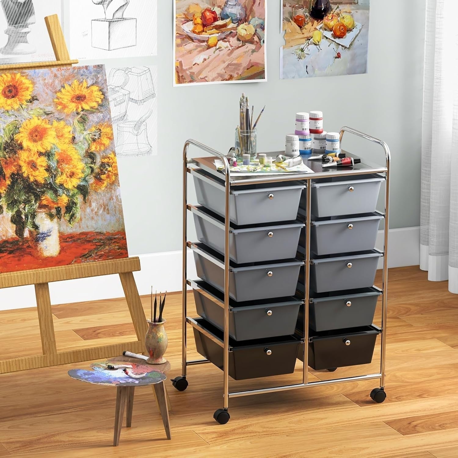 Gradient Black 10 Drawer Rolling Storage Trolley Office Beauty Organizer