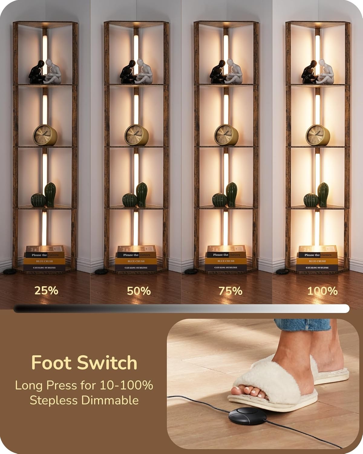 LED Corner Floor Lamp Shelf Unit 4-Tier Wood Storage Dimmable Light