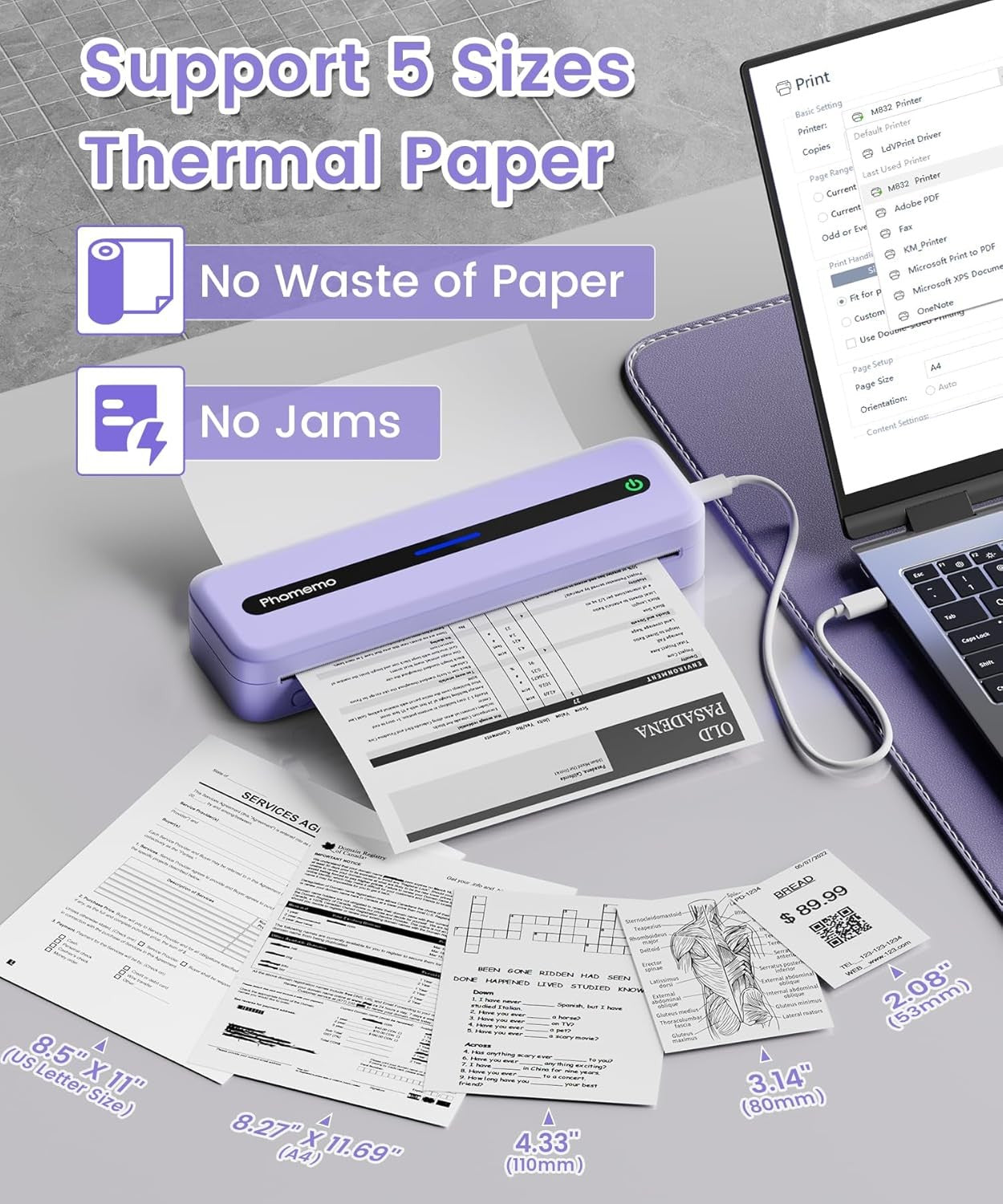A4 Portable Thermal Printer 300DPI Bluetooth Inkless Purple