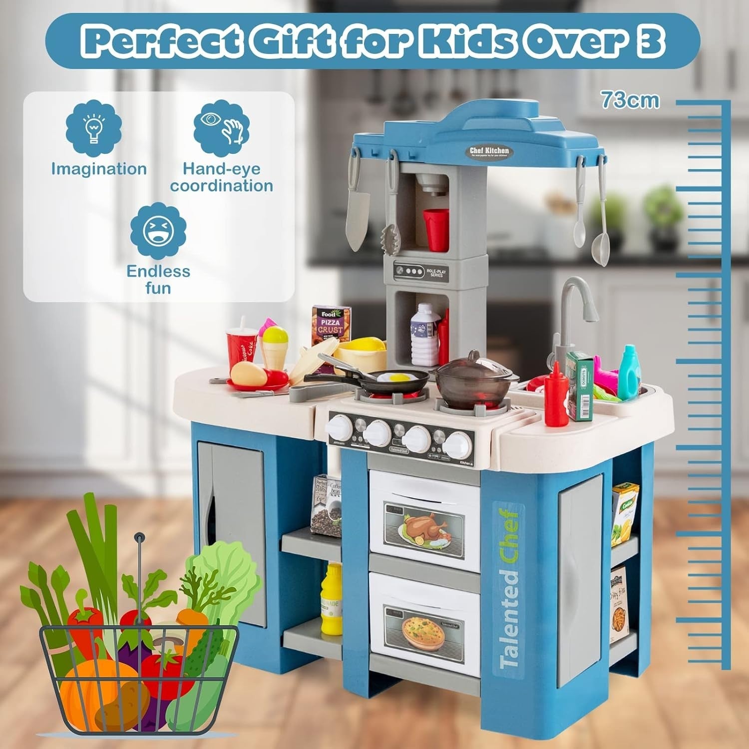 Kids Play Kitchen Blue w/ Lights Sounds Running Water Steam Effects