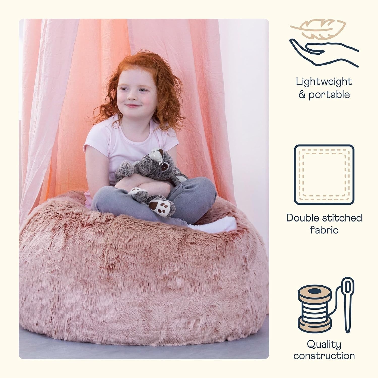 Pink Kids Faux Fur Bean Bag Chair Soft Fluffy Seat for Bedroom Gaming Room