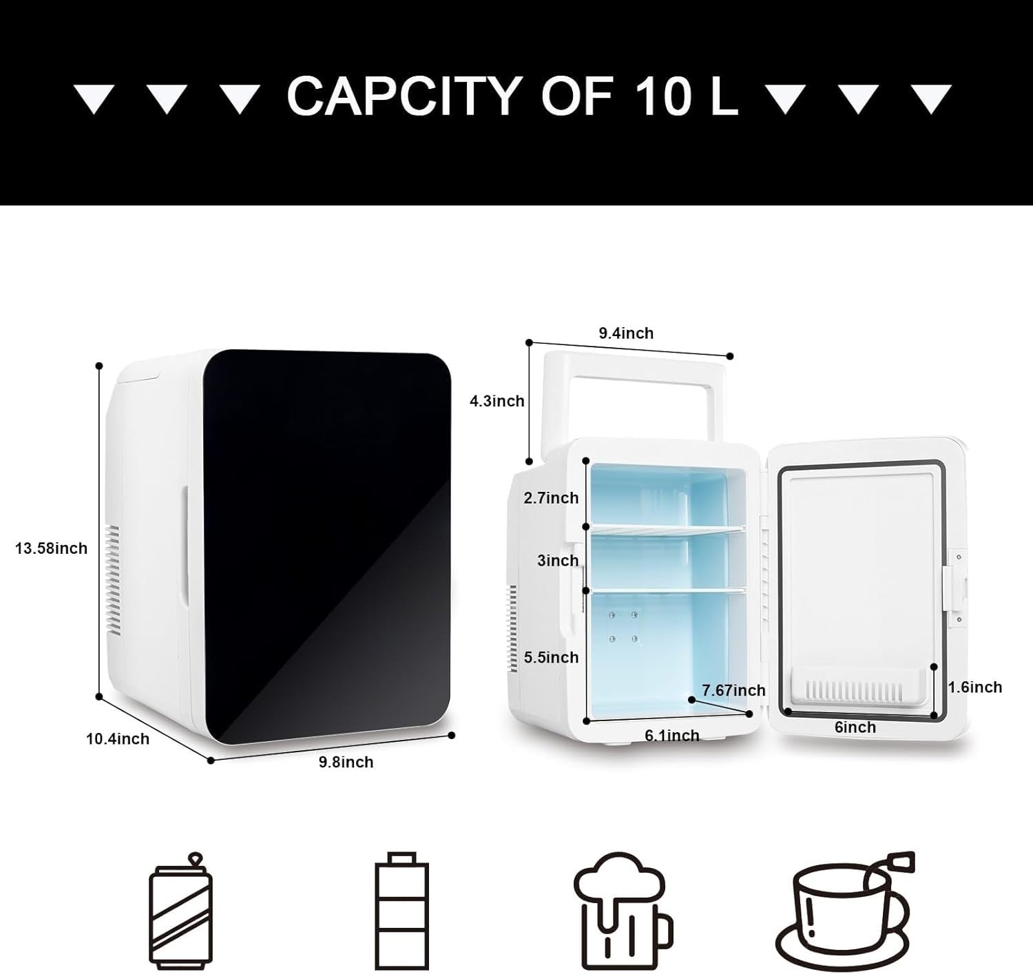10L Mini Fridge Portable AC/DC Cooler Skincare Drinks Food Black