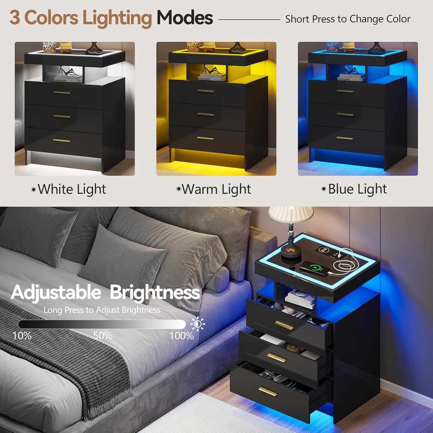 Black LED Bedside Table with Wireless Charging, Glass Top & 3 Drawer Storage