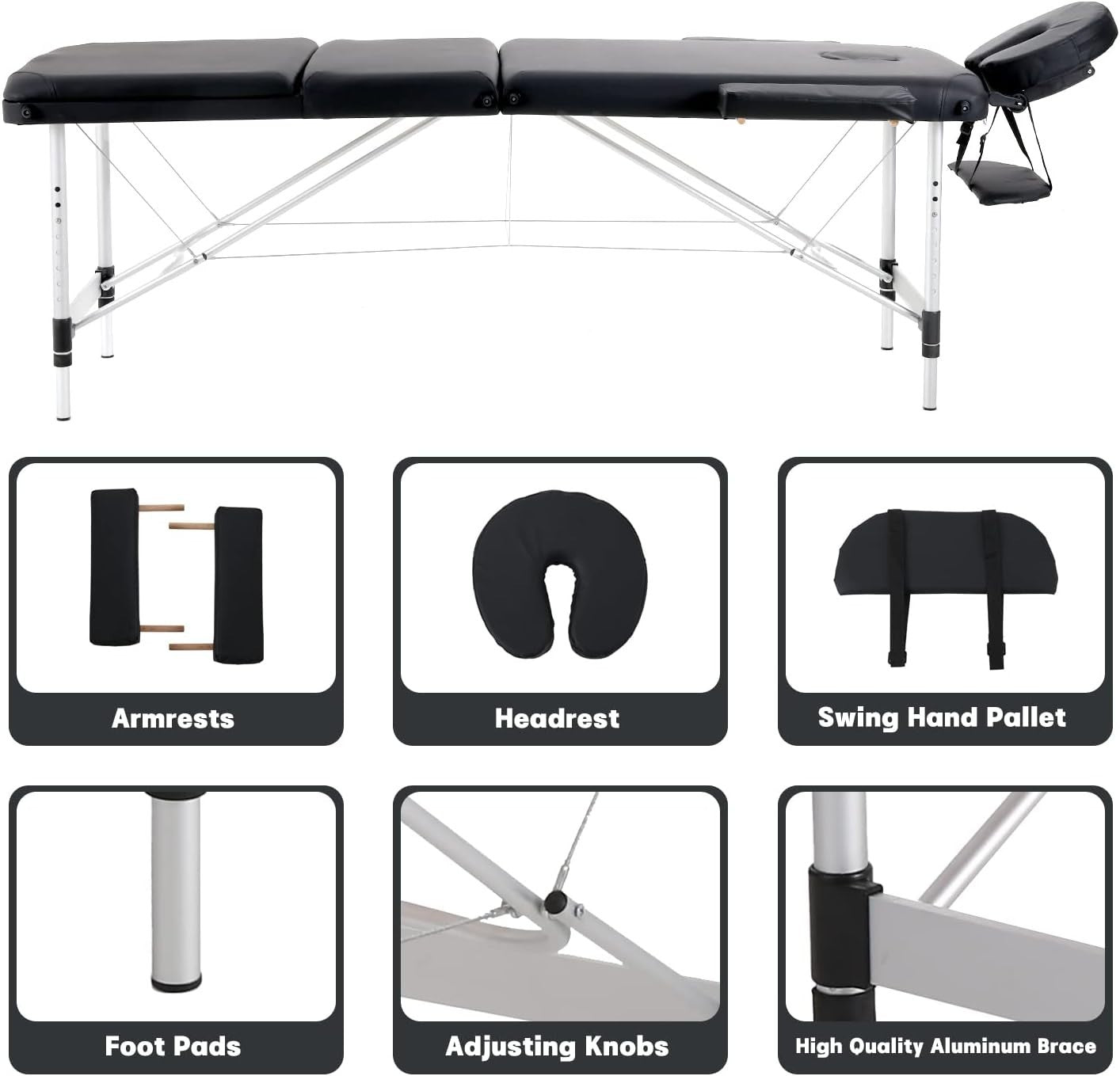Portable Massage Table Foldable 3-Section Aluminium Therapy Bed Backrest Black