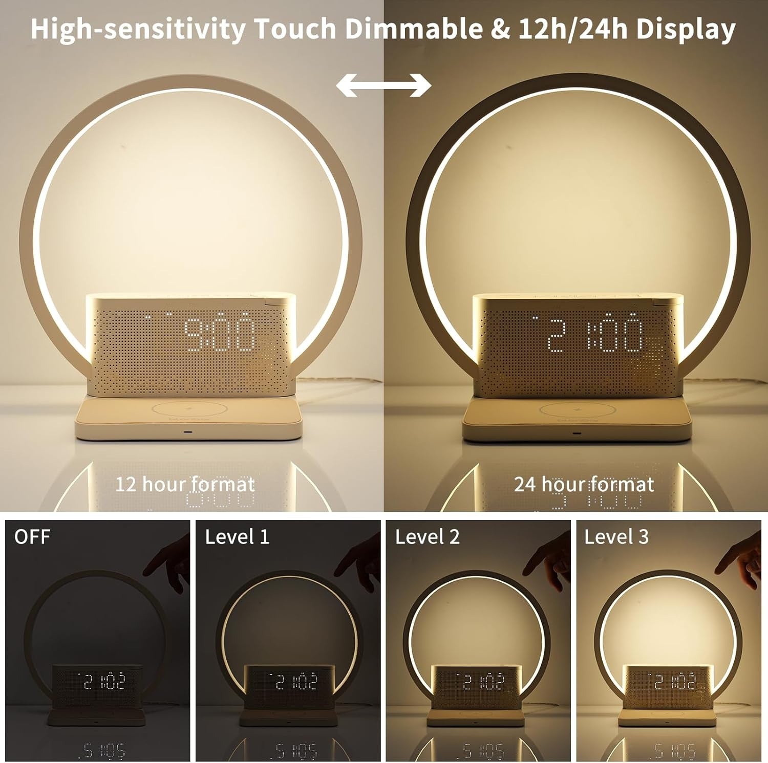 Bedside Wake Up Lamp Alarm Clock Wireless Charger Touch Dimmable Light