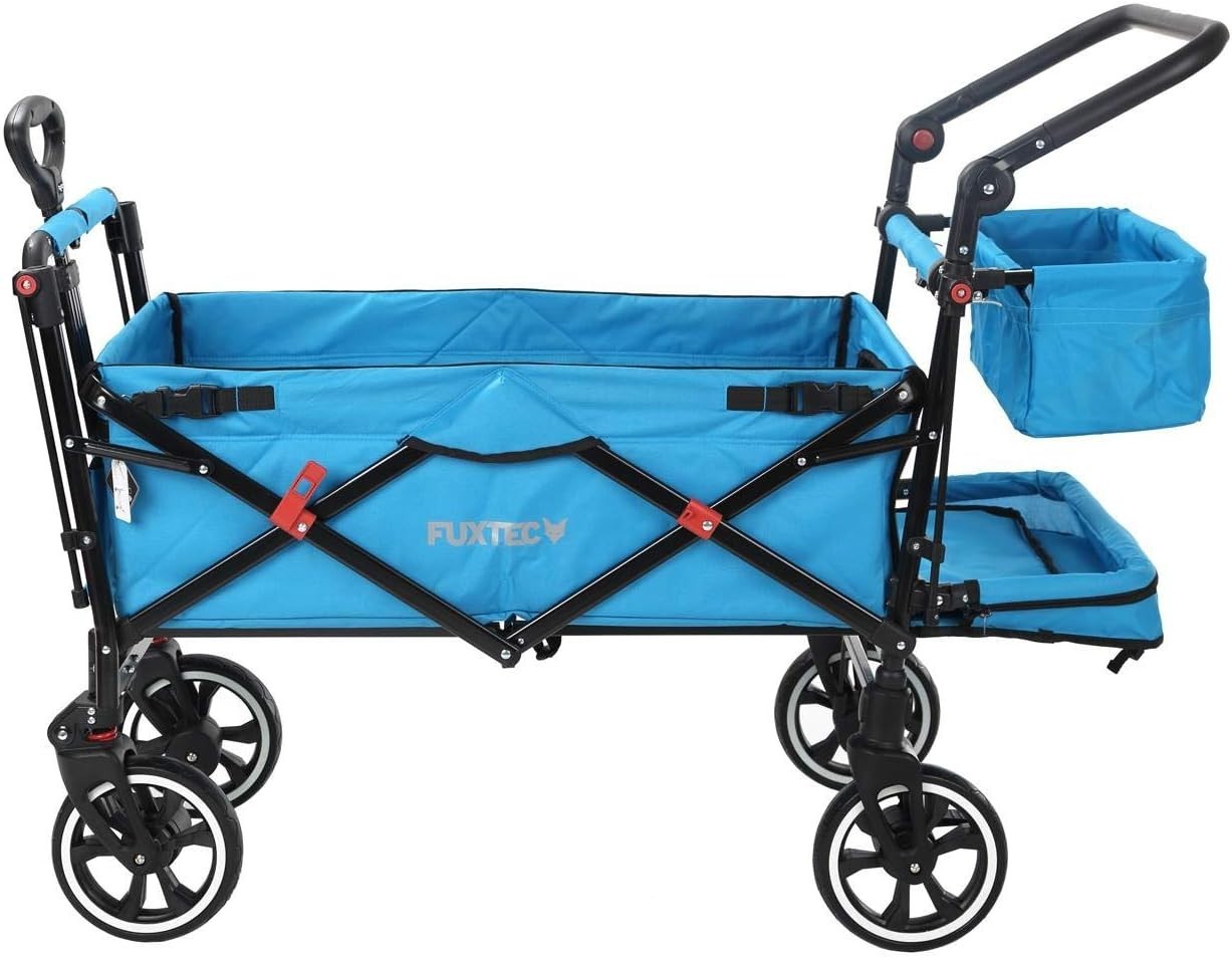 Blue Folding Stroller Wagon Kids Push Pull Cart w/ Canopy & Safety Harness