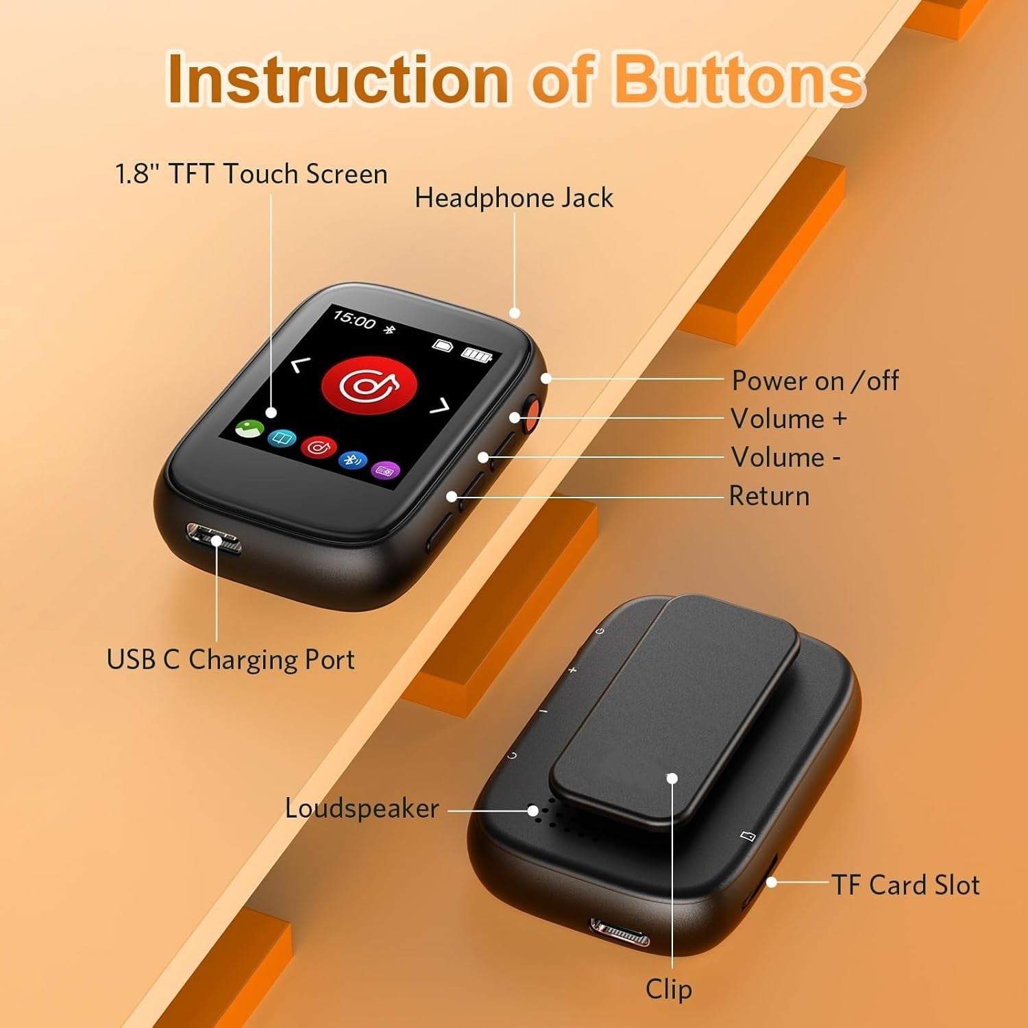 Kids MP3 Player Bluetooth 5.3 Touch Screen 512GB Black