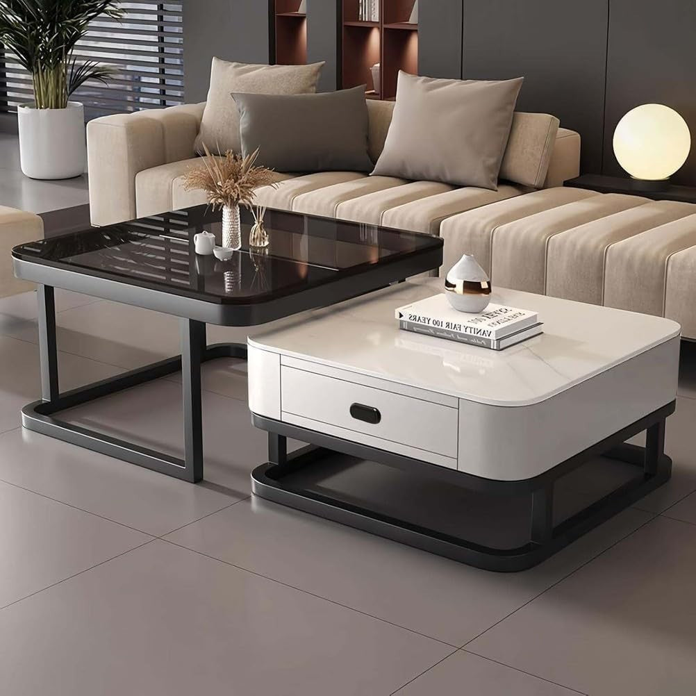 Nesting Coffee Table Set of 2 – Square Storage Tables with Metal Frame