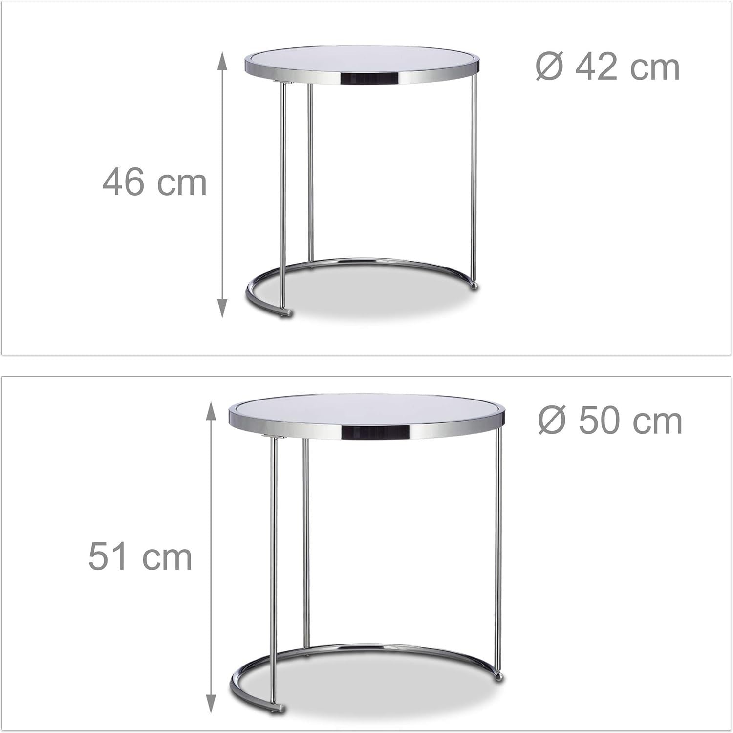 2 Silver Round Nesting Side Tables Frosted Glass Top Metal Frame Space Saving