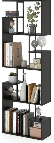 Black 4-Tier Slim Bookcase Room Divider, Modern Asymmetric Display Shelf