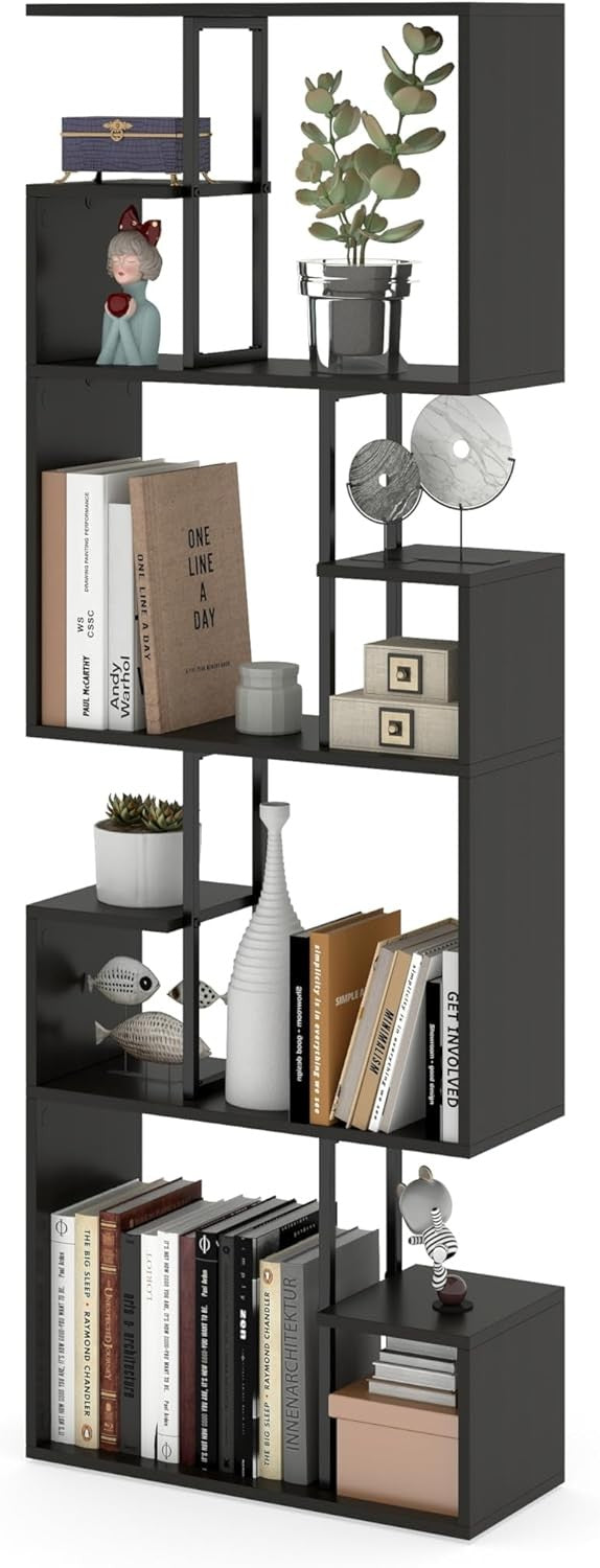 Black 4-Tier Slim Bookcase Room Divider, Modern Asymmetric Display Shelf