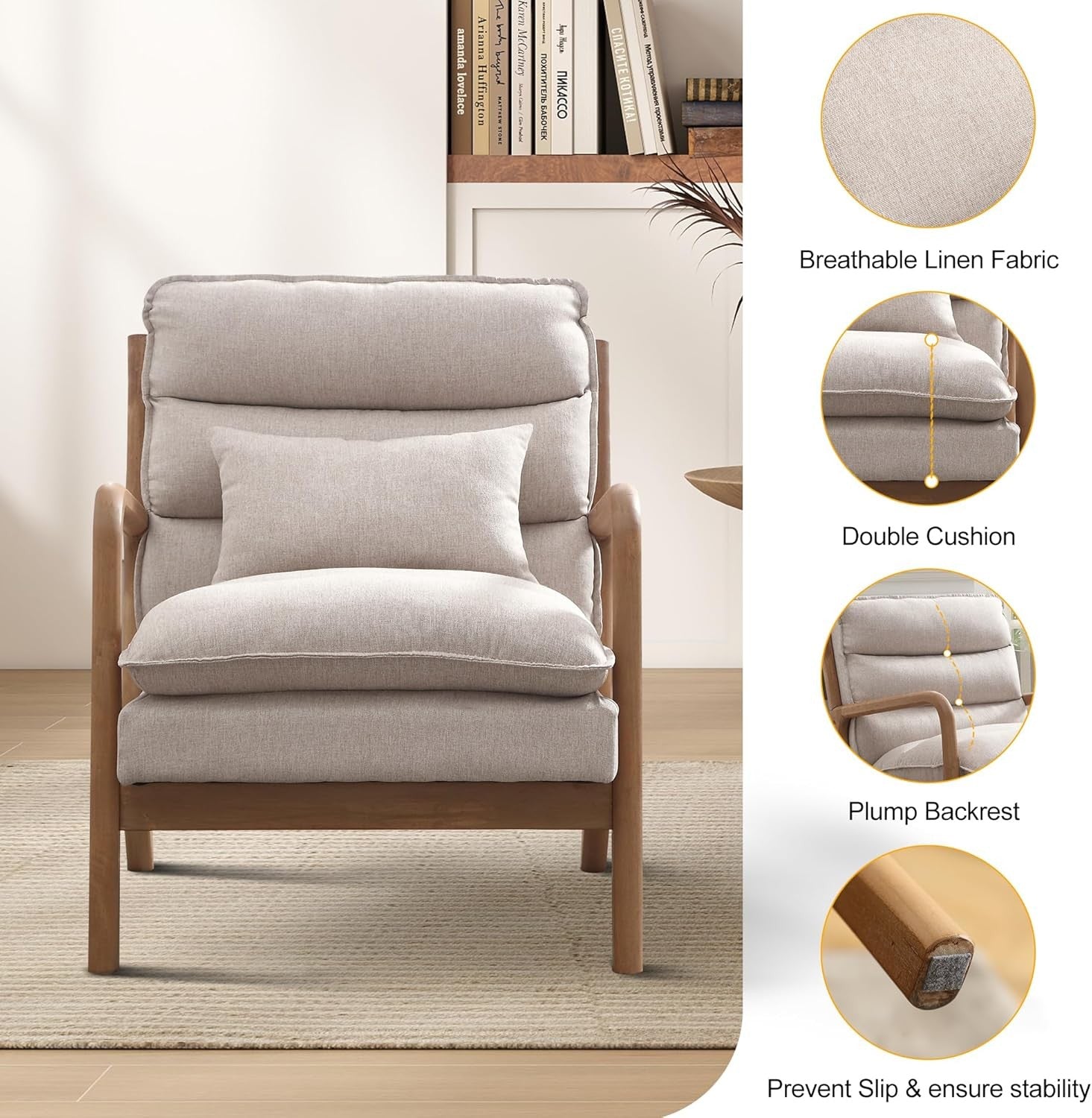 Modern Accent Armchair with Lumbar Pillow Wood Frame Beige