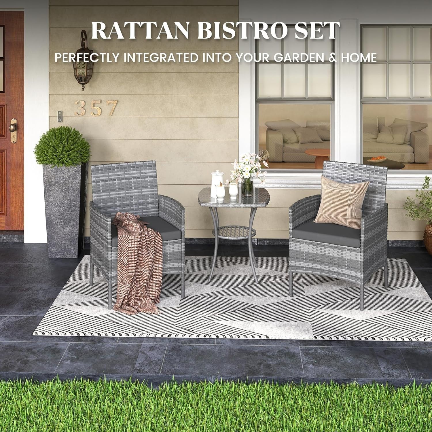 Outdoor Rattan Bistro Set 3PC | Waterproof Cushions | Small Garden Patio