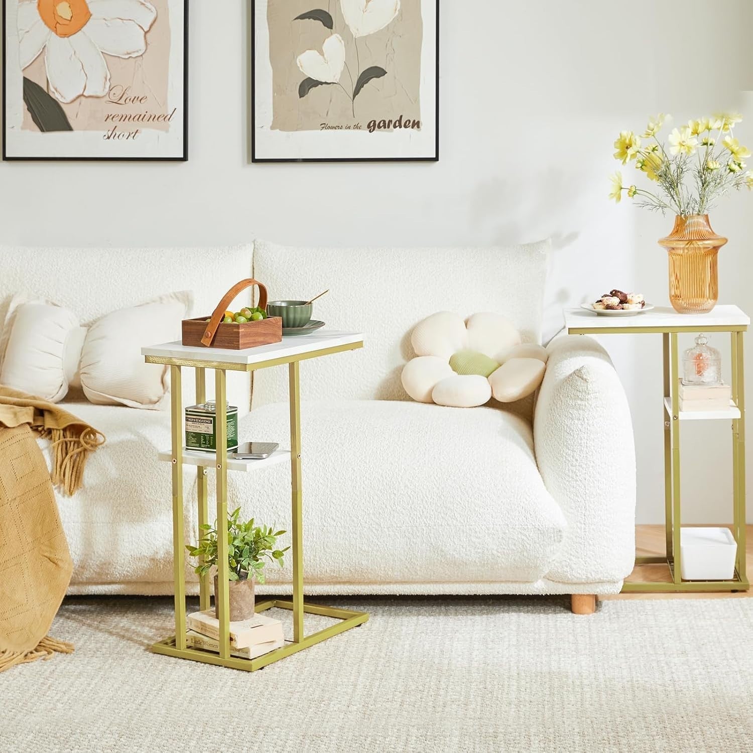 Set of 2 C-Shaped End Tables Marble White & Gold – Compact, Sturdy, Multi-Use