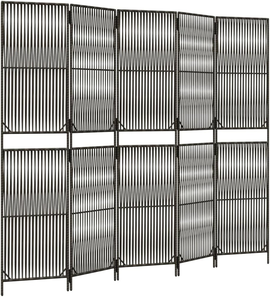 5 Panel Grey Rattan Folding Room Divider – Indoor Outdoor Privacy Screen 180cm F
