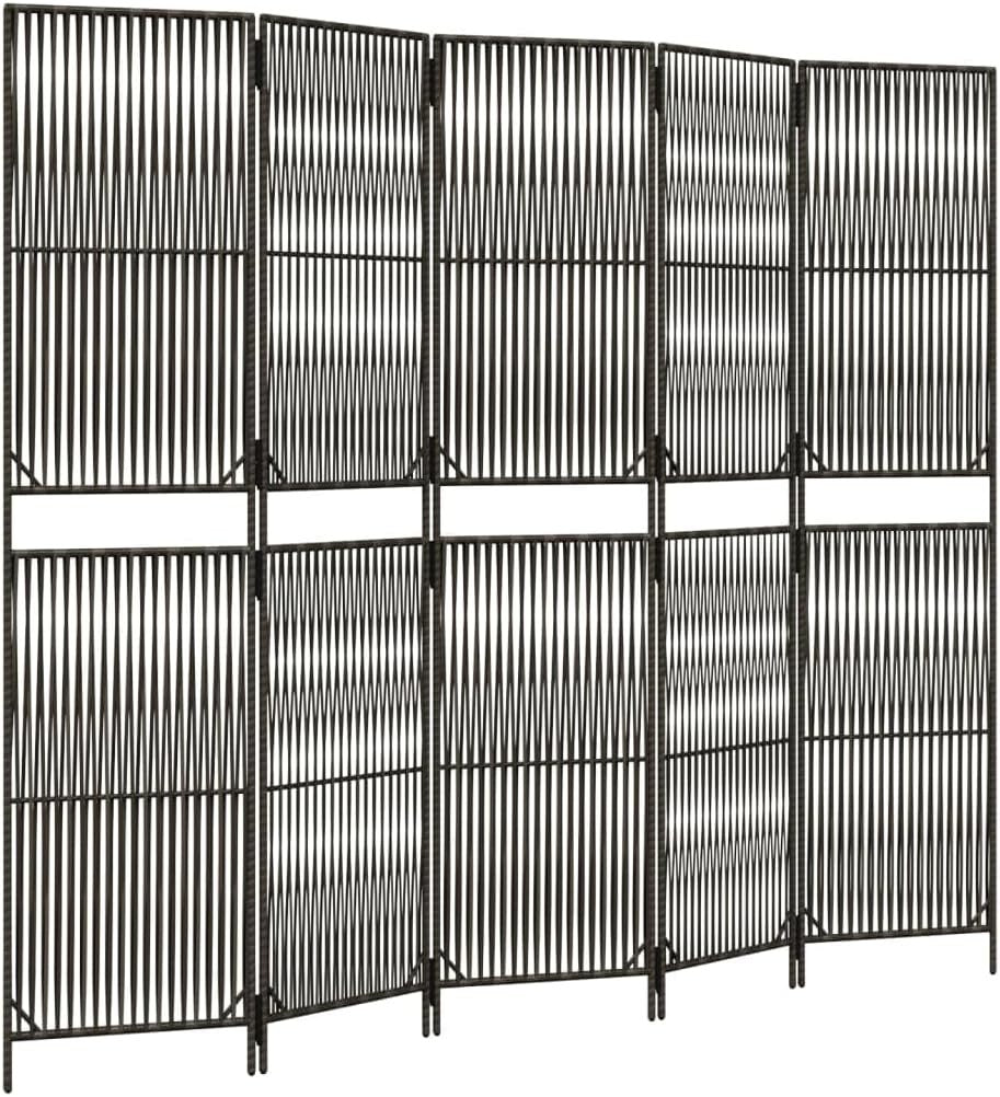5 Panel Grey Rattan Folding Room Divider – Indoor Outdoor Privacy Screen 180cm F