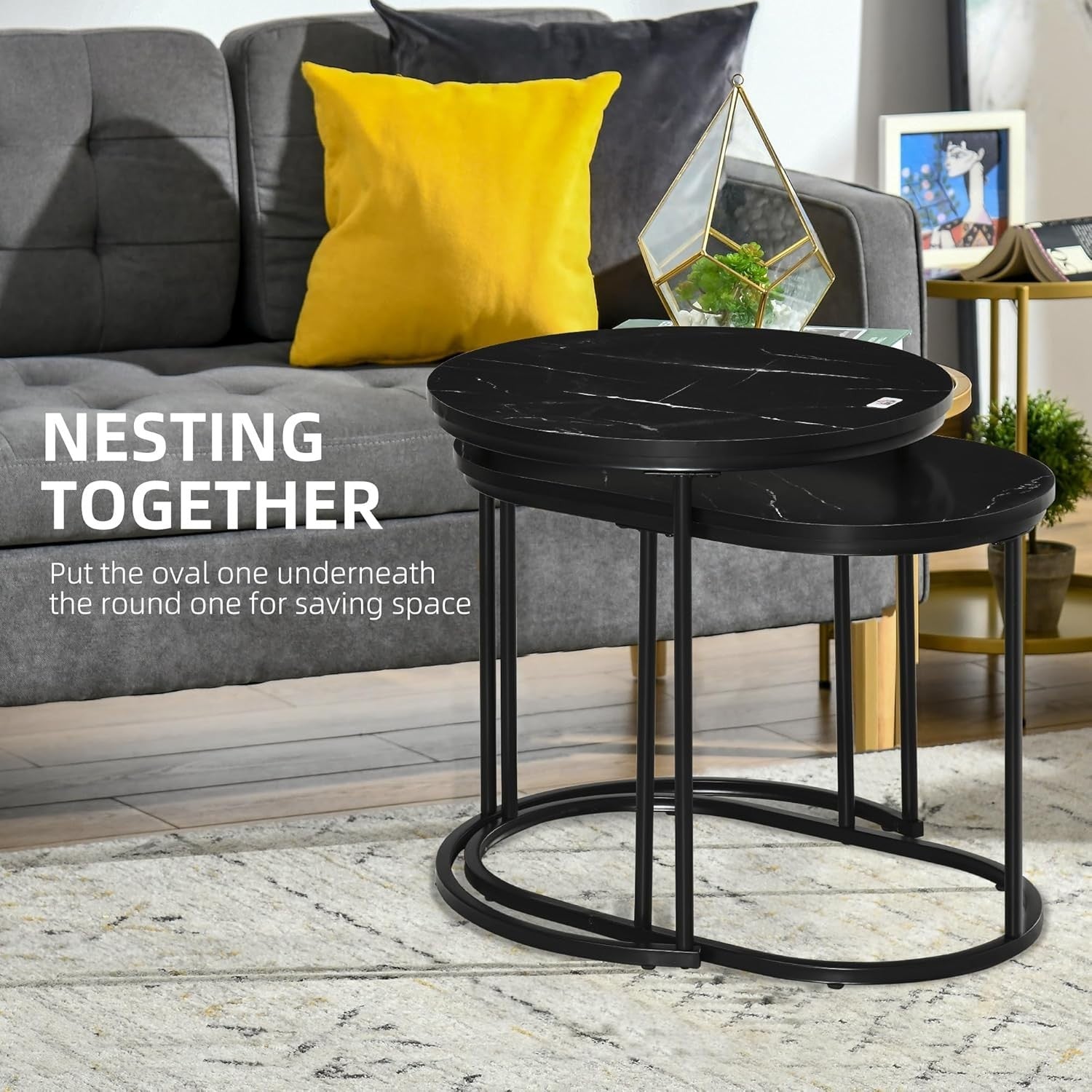 Nesting Coffee Table Set of 2 Black Faux Marble End Tables Round Oval