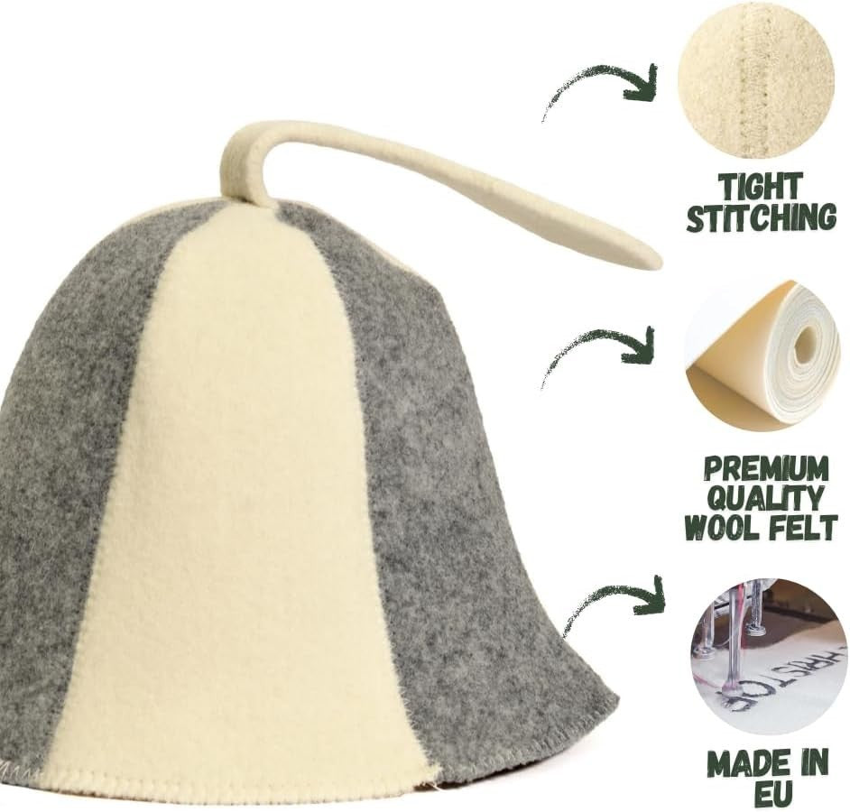 White Grey Sauna Hat – 100% Organic Wool Felt, Heat Protection for Banya
