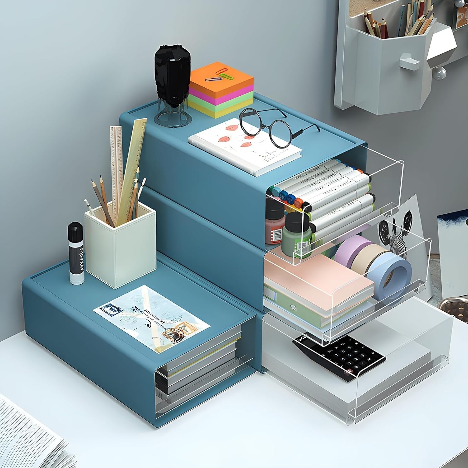 A4 Desk Drawer Organiser 2-Pack Stackable Office Storage Box Blue
