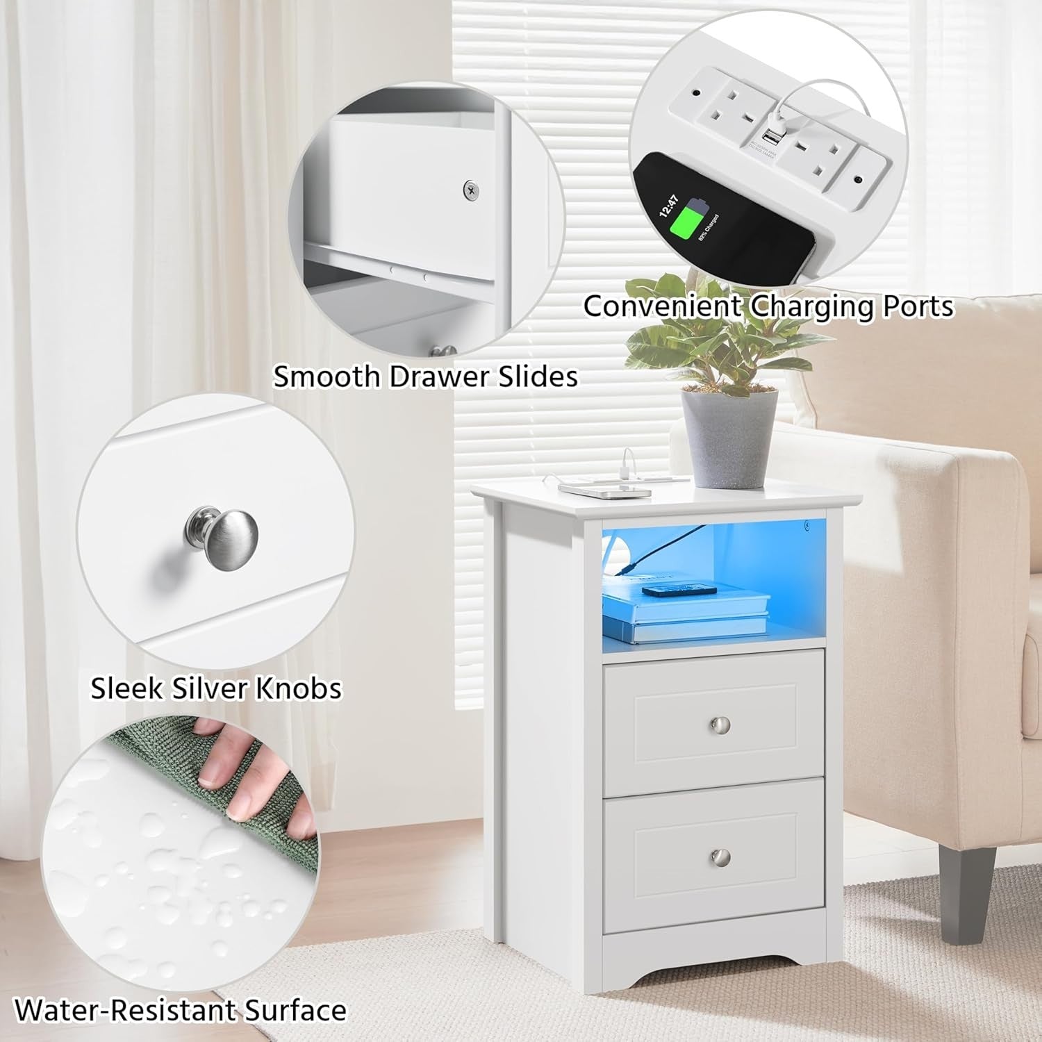 Set of 2 LED Bedside Tables with USB Charging Ports | Modern White Nightstands
