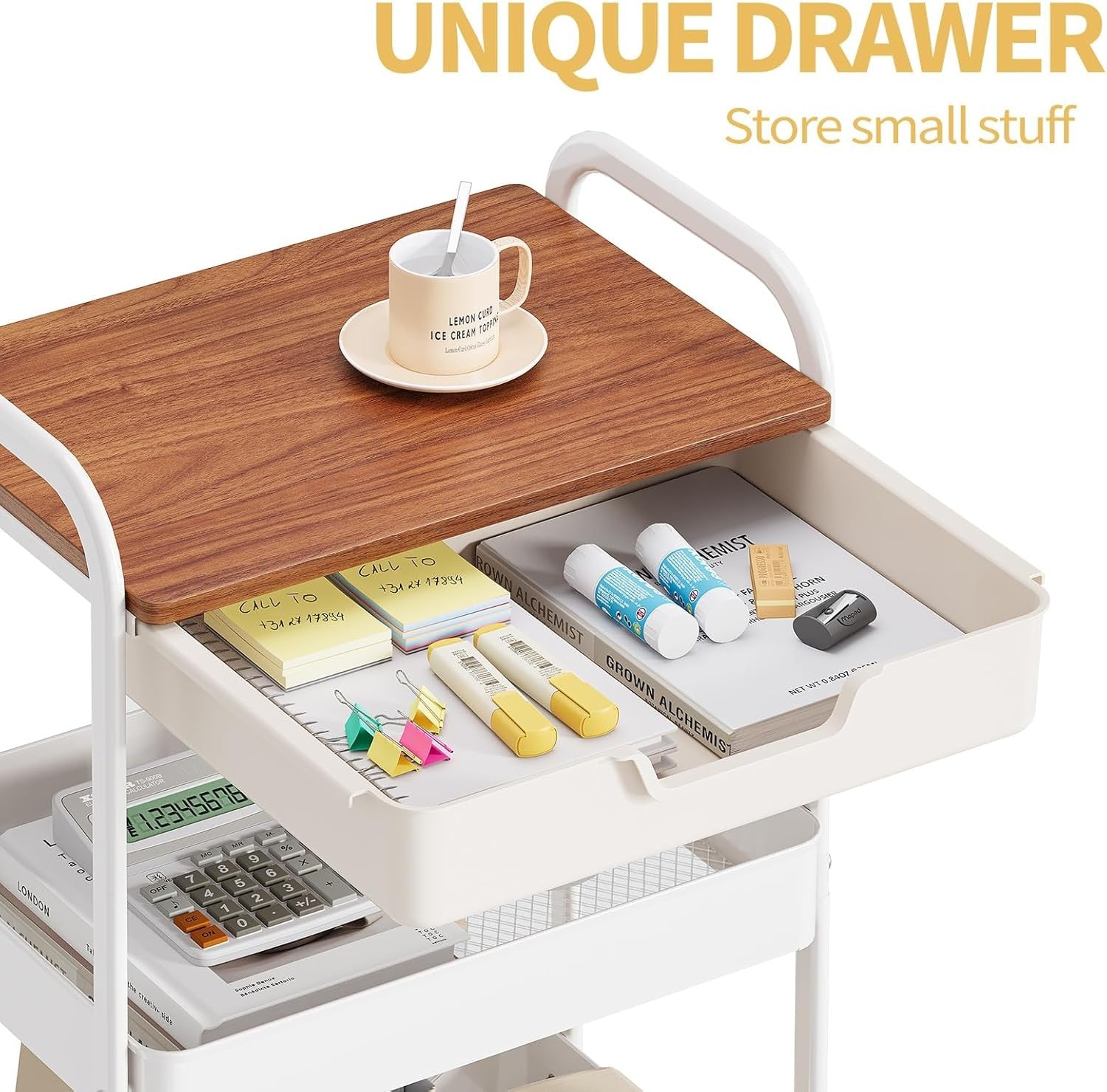 3 Tier Storage Trolley on Wheels with Drawer Wooden Top Kitchen