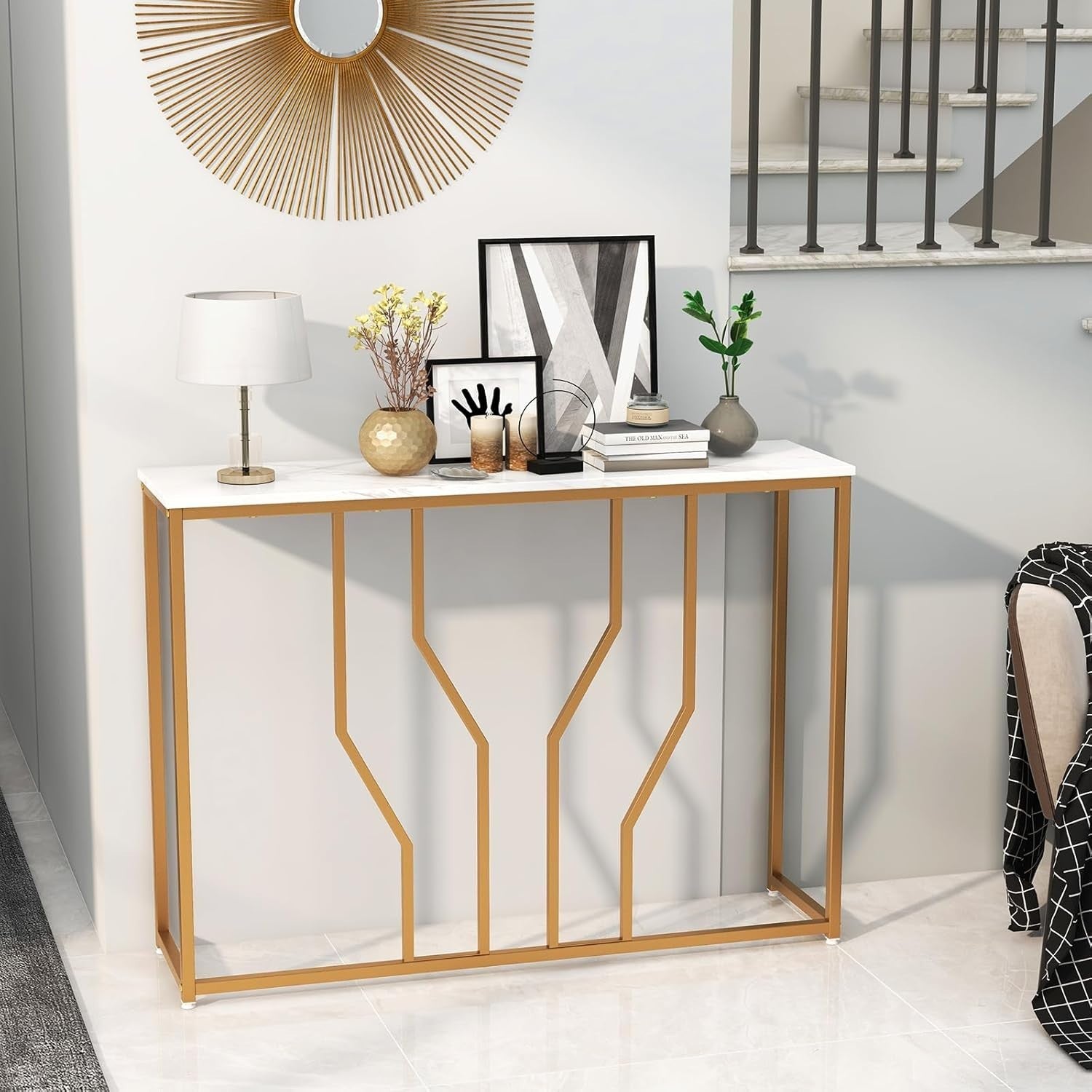 Slim Faux Marble Console Table 110cm Long Metal Frame Accent Shelf