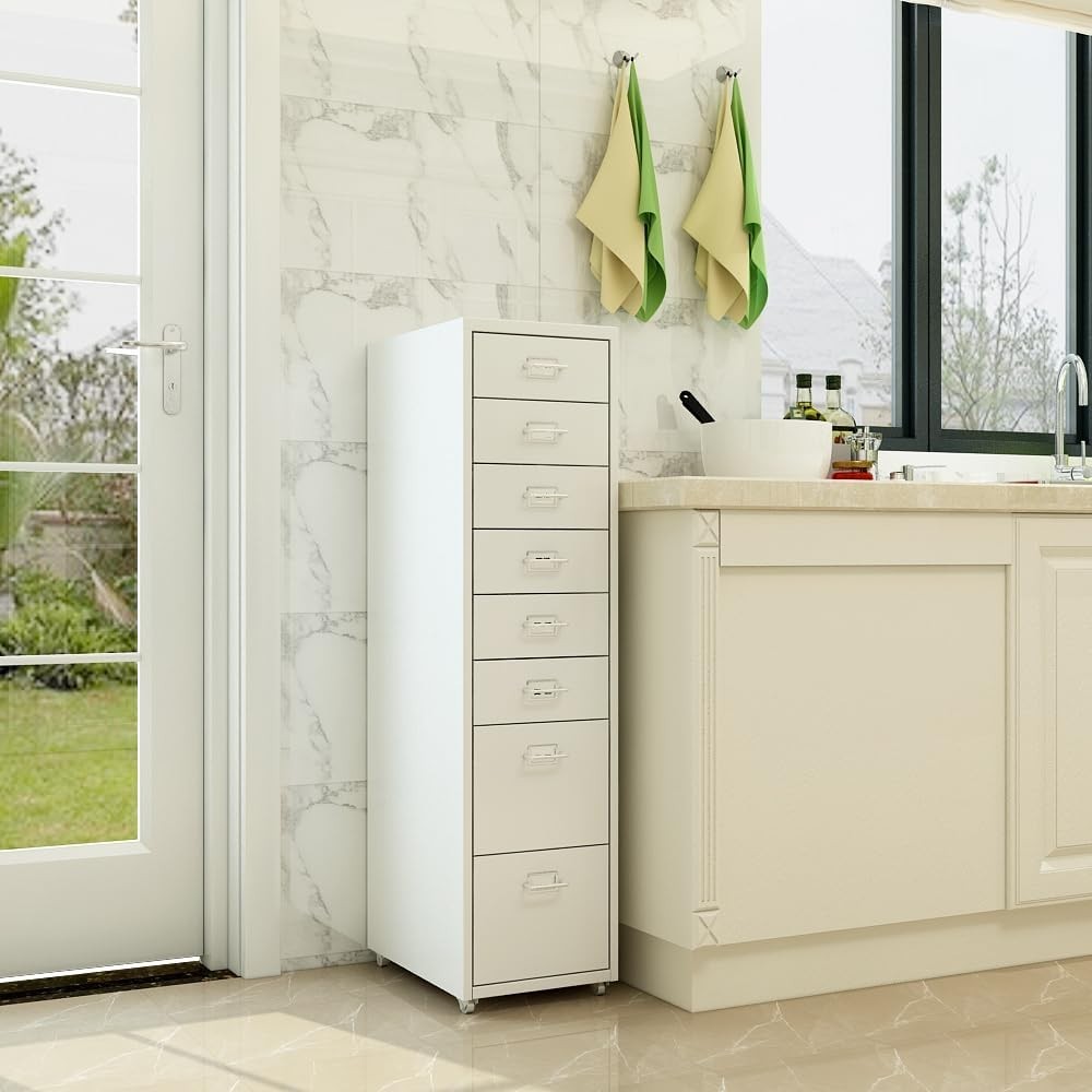 White 8 Drawer Metal Rolling Storage Tower Slim Under Desk File Unit