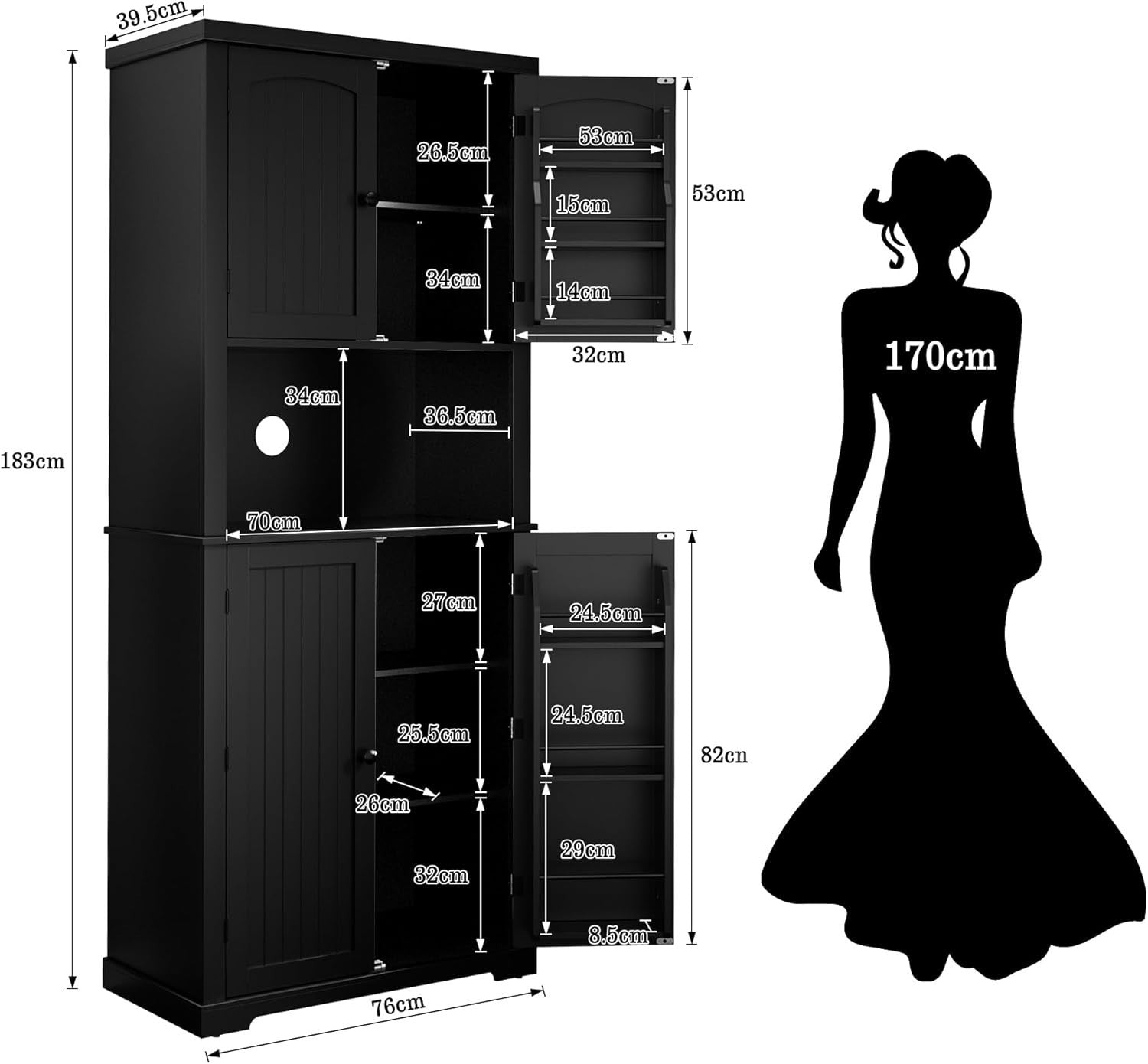 Black Tall Kitchen Pantry Cabinet Storage Cupboard Doors Shelves