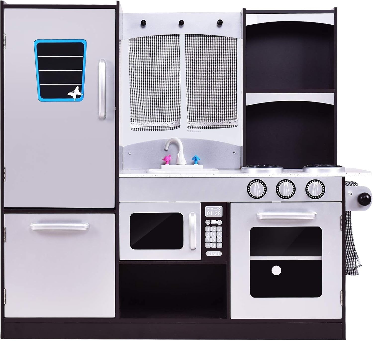 Wooden Kids Play Kitchen Pretend Cooking Set w/ Fridge Oven Sink