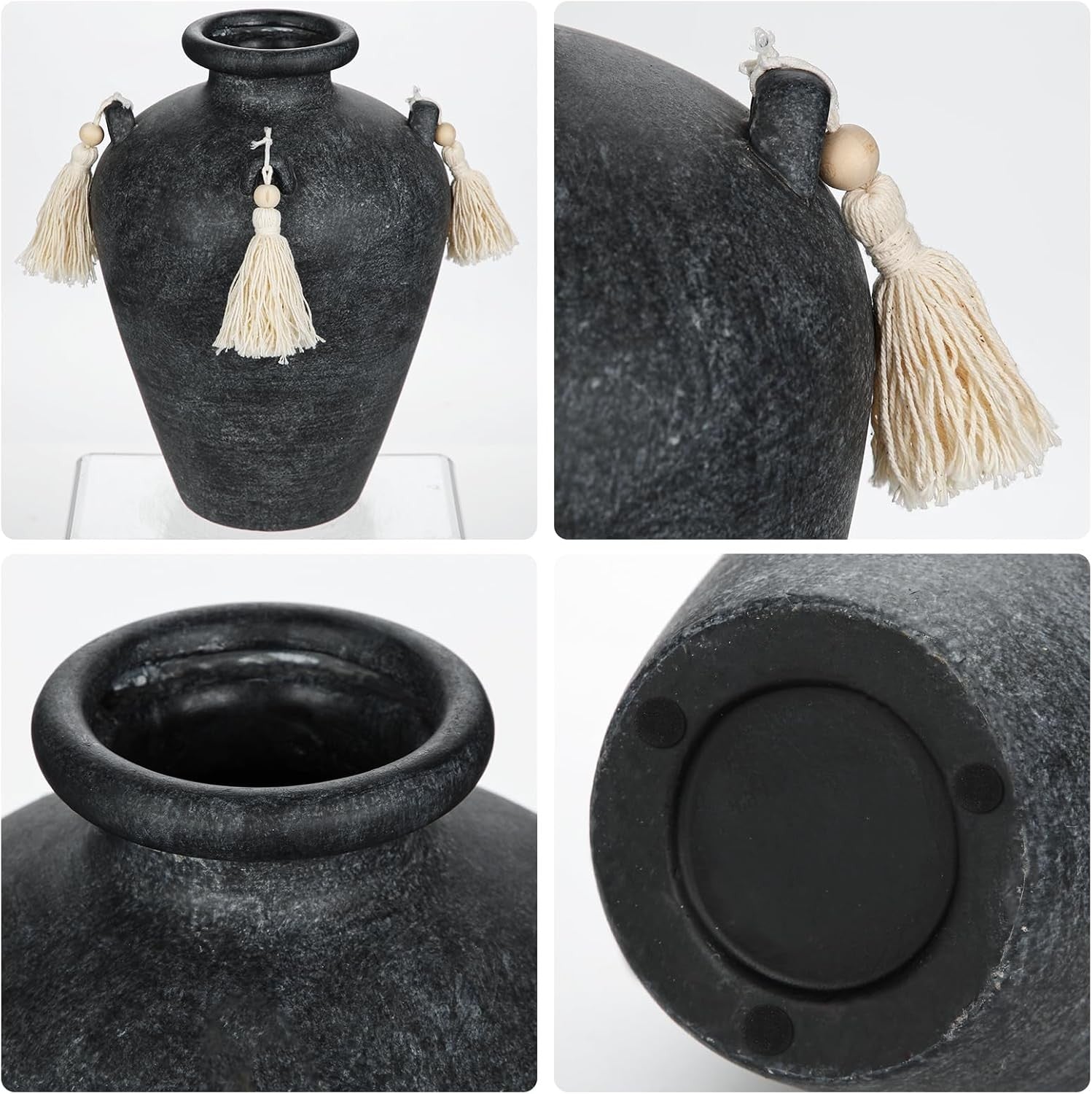 Black Ceramic Vase with Tassels Boho Pampas Grass Rustic Home Decor 24cm