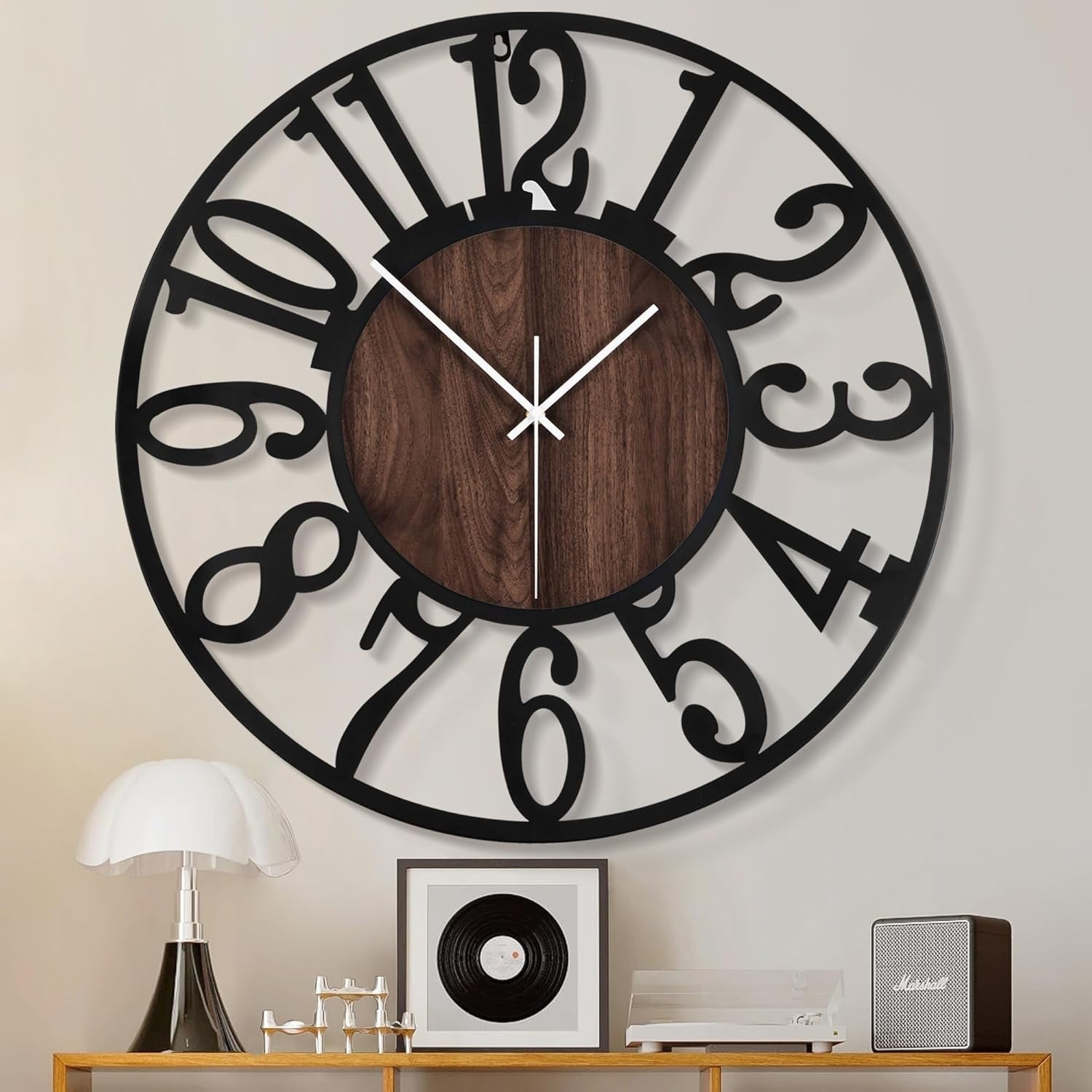 80cm Large Wall Clock Silent Black Arabic Wood Retro Loft Office Decor