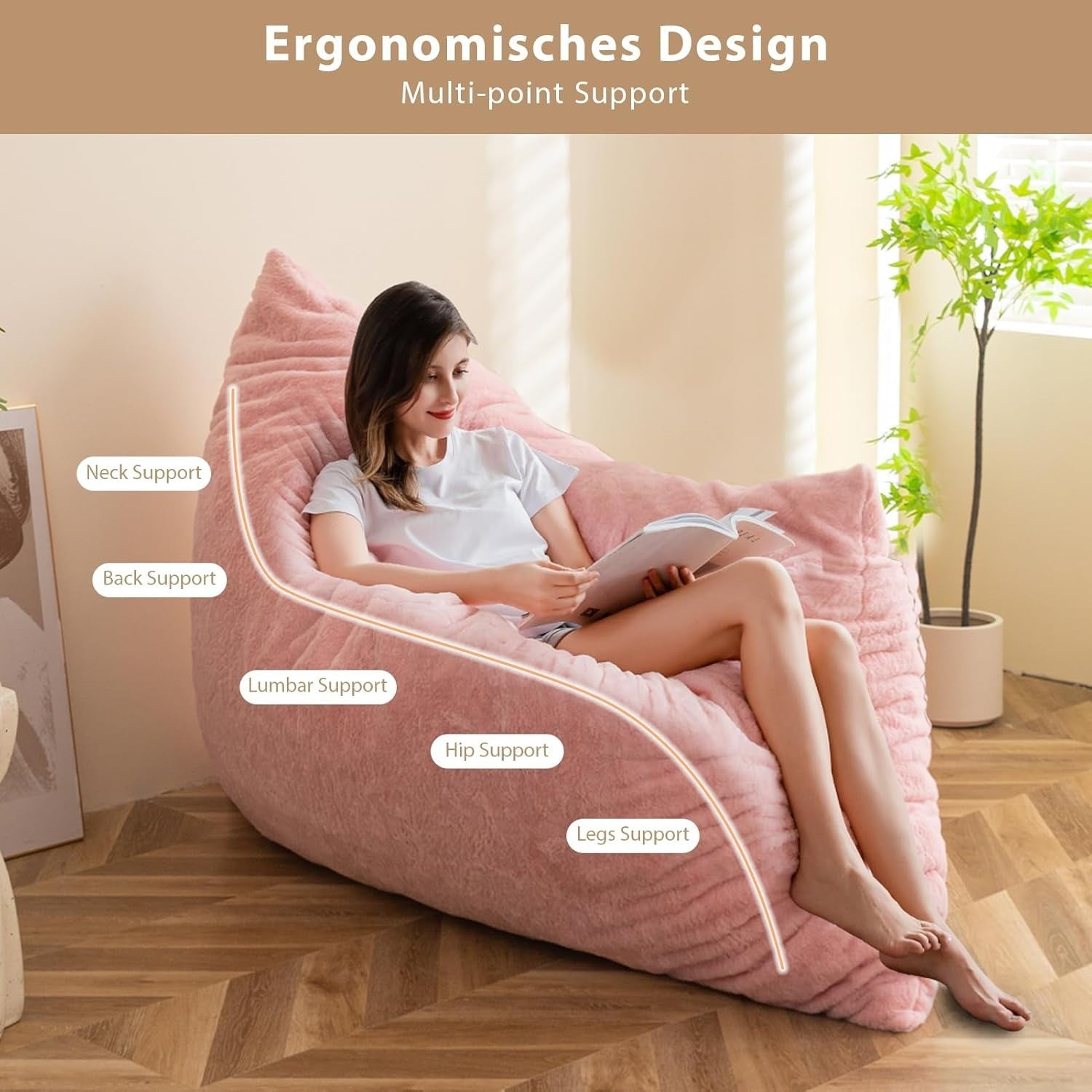 Pink Bean Bag Sofa Bed 135x190cm | Foldable Faux Fur Floor Lounger Chair