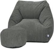 Kids Grey Corduroy Bean Bag Chair + Footstool – Washable, 70x80x60cm