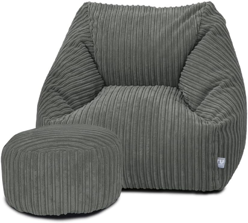 Kids Grey Corduroy Bean Bag Chair + Footstool – Washable, 70x80x60cm