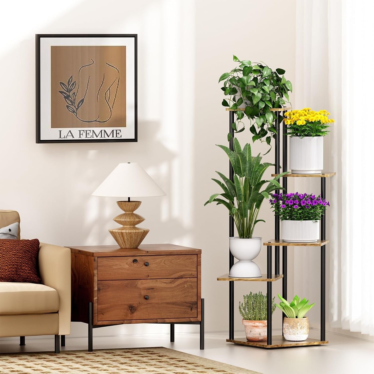 5 Tier Metal Plant Stand Indoor Corner Flower Shelf Wood Display Rack for Living