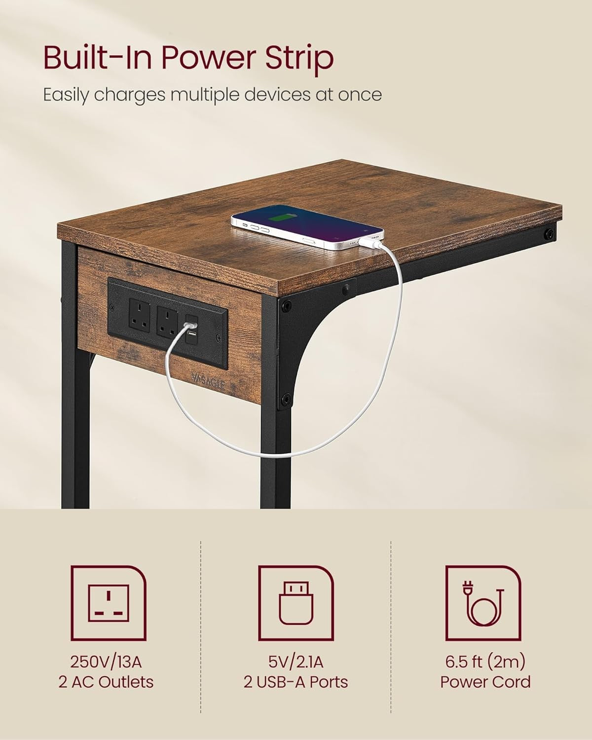 C-Shaped Side Table with Charging Station, Adjustable Feet, Rustic Brown