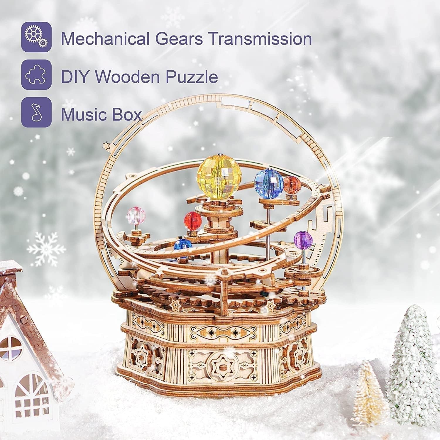 3D Wooden Starry Night Music Box Puzzle Mechanical Model Kit DIY Gift