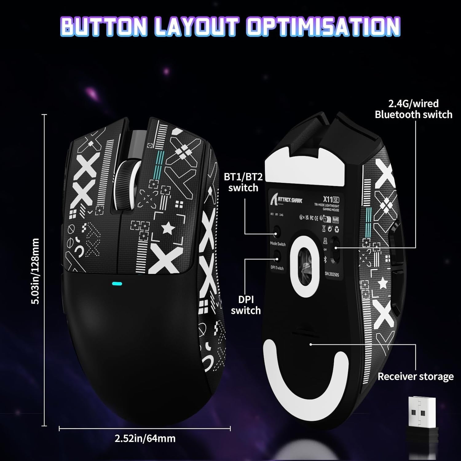 Wireless Gaming Mouse 22000 DPI RGB BT 2.4G USB 65H Grip Black