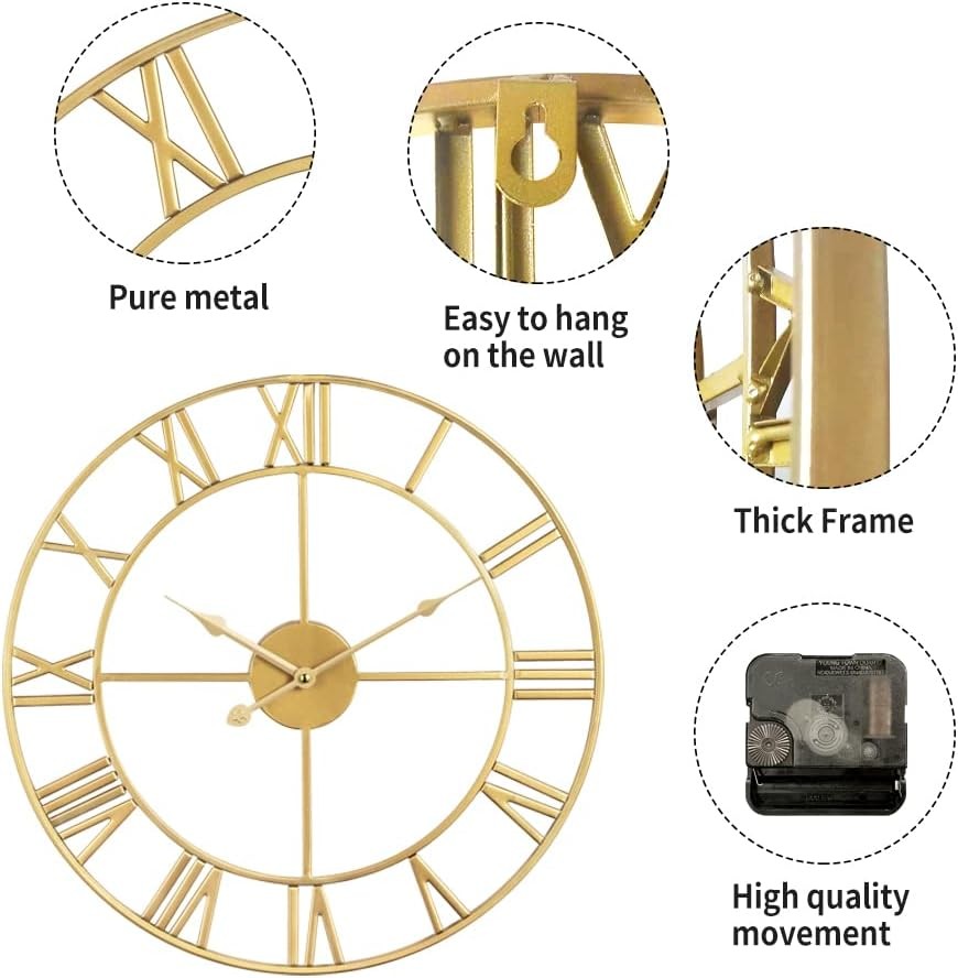 40cm Gold Roman Numeral Wall Clock Metal Silent Quartz Large Modern Decor