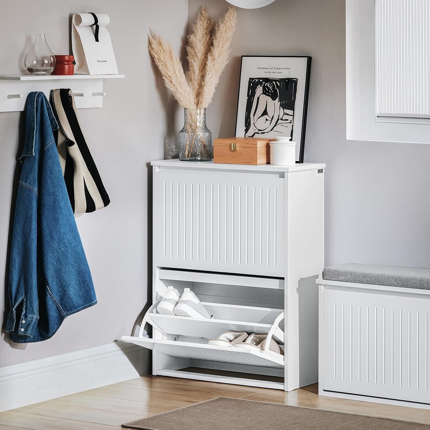 Slim Shoe Storage Cabinet – 2 Flip Drawers, Narrow Hallway Unit, White MDF