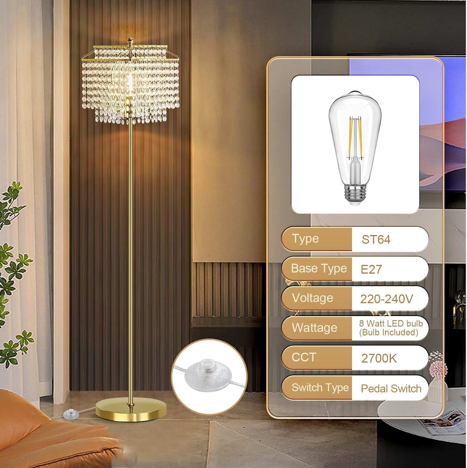 Crystal Floor Lamp Standing Light with Foot Switch Luxury Tall Living Room