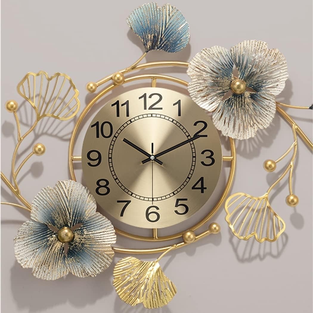 Large Gold Wall Clock 94x52cm Silent Art Deco Ginkgo Leaf Home Decor