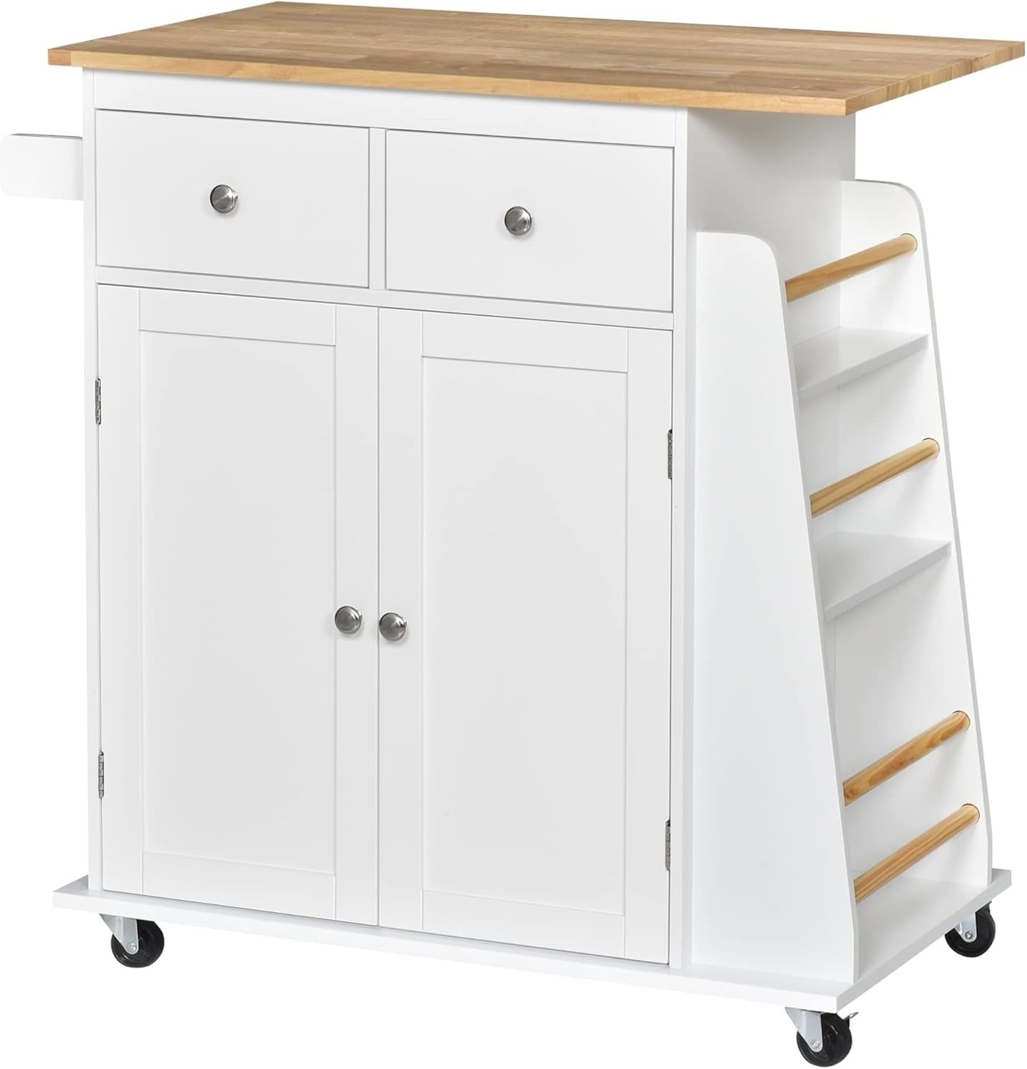 Rolling Kitchen Island Cart with Rubberwood Top, Drawers & Spice Rack