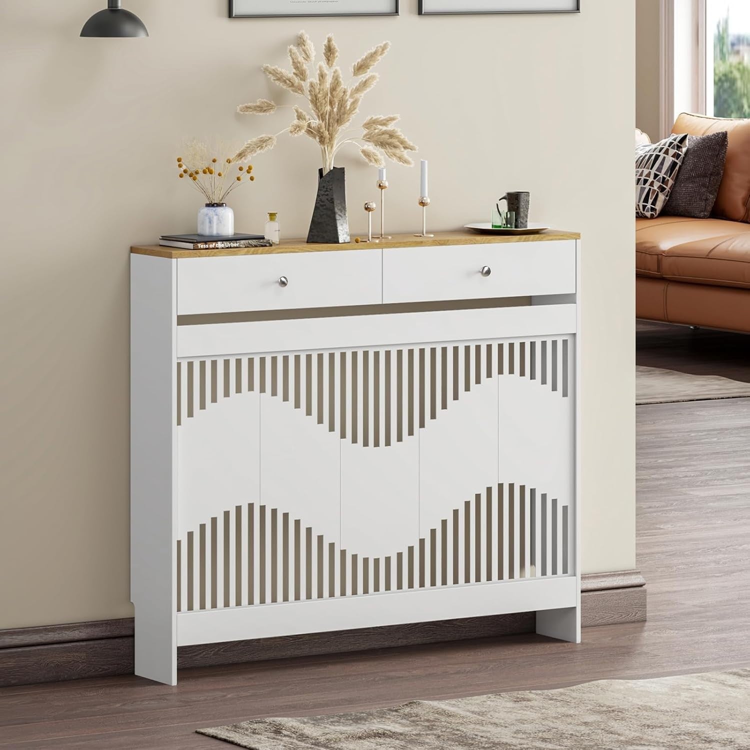 White Radiator Cover Cabinet with Drawers Modern MDF Storage Shelf Unit, Medium