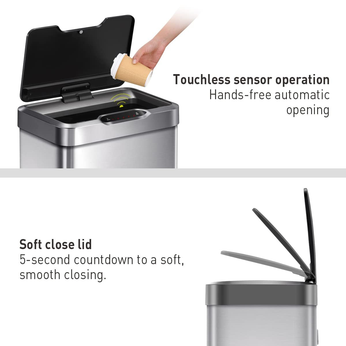 50L Brushed Stainless Steel Sensor Bin Soft Close