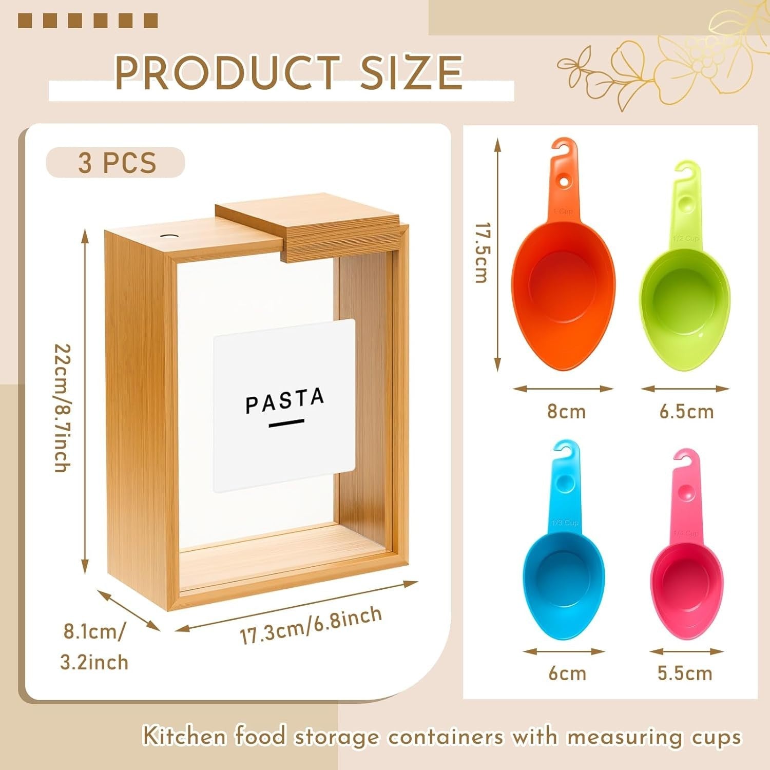 3 Bamboo Cereal Dispensers 2.2L Airtight Food Storage Containers Set