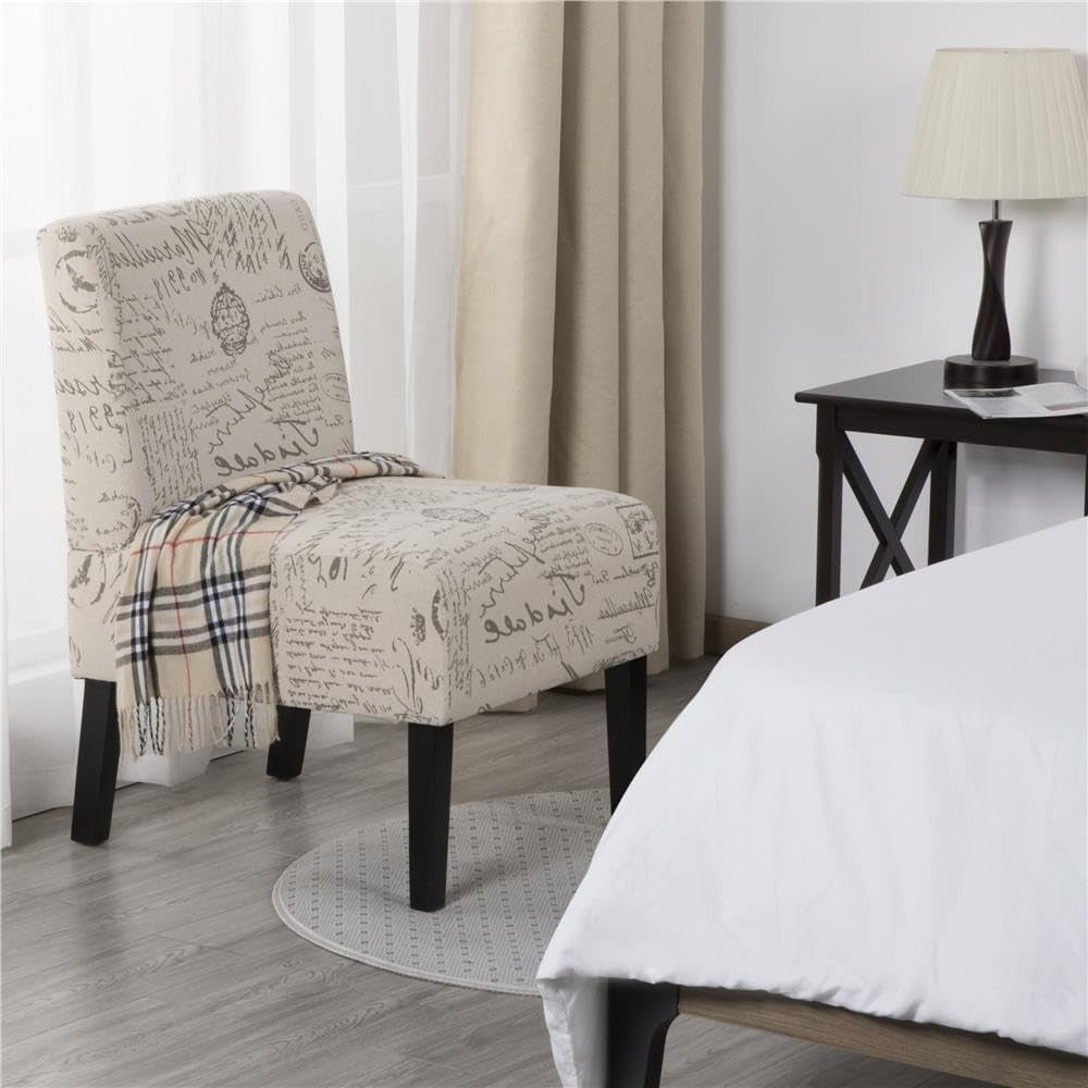 Linen Accent Side Chair Letter Print Solid Wood Legs Bedroom Dining