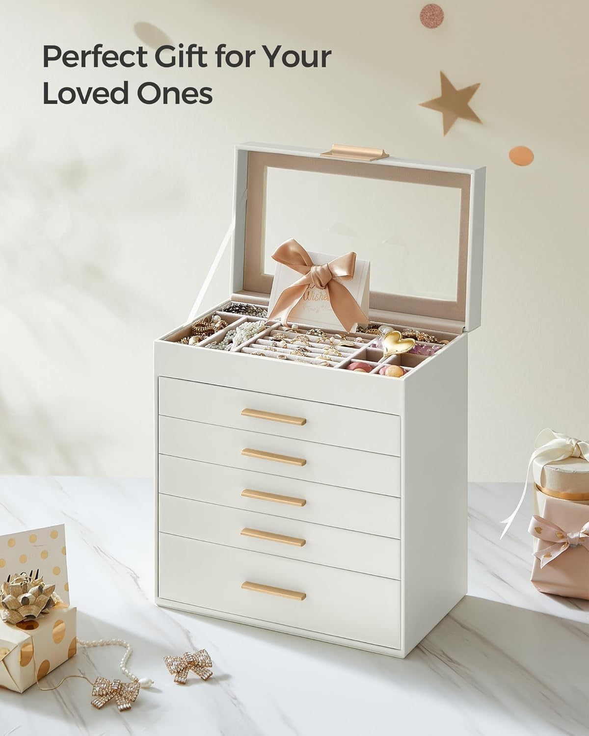 Cloud White Gold Glass Lid Jewellery Box 6 Layer Storage with 5 Drawers