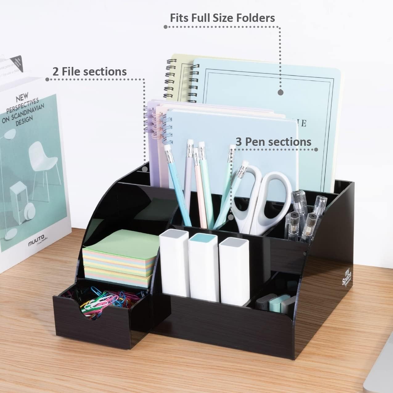 Acrylic Desk Organizer with Drawer, 9 Compartments for Office Supplies Black